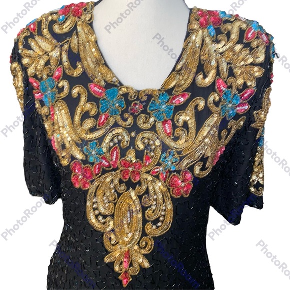 Vtg Scala Milan Paris LA Beaded Sequin Blk Silk SS Dress Size M India Semi Sheer - Picture 2 of 12